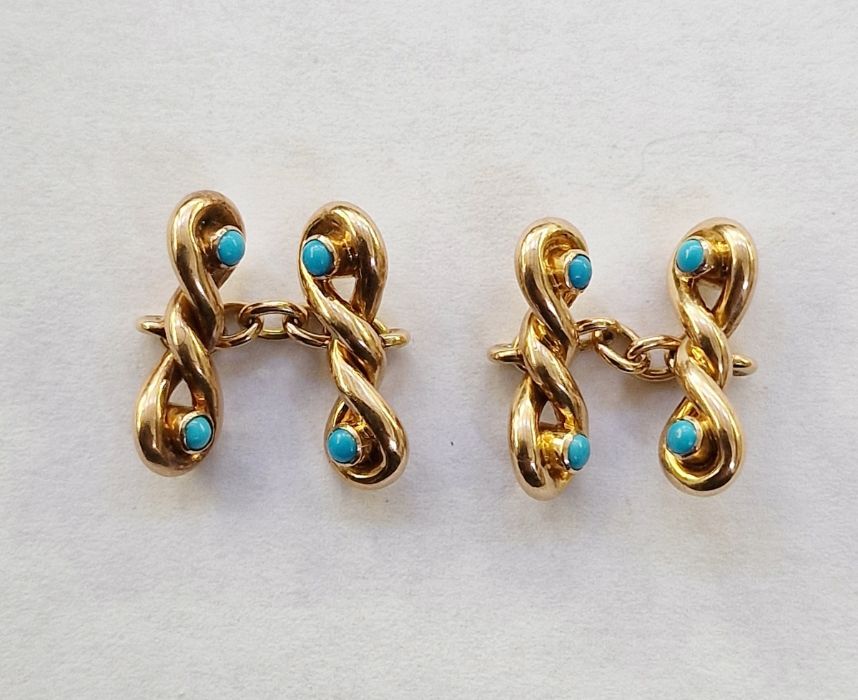 Pair of 15ct gold and turquoise set twist cufflinks, 5g approx. total, in fitted Arthur Jack & Co.