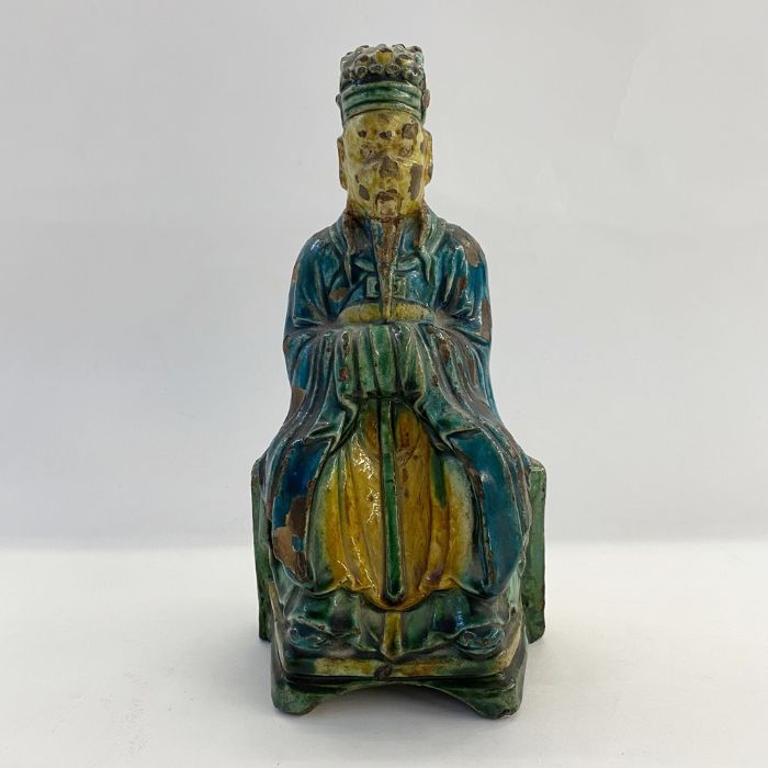 19th century Chinese Sancai glazed terracotta figure, seated man in robes, 23.5cm high Condition - Image 12 of 22