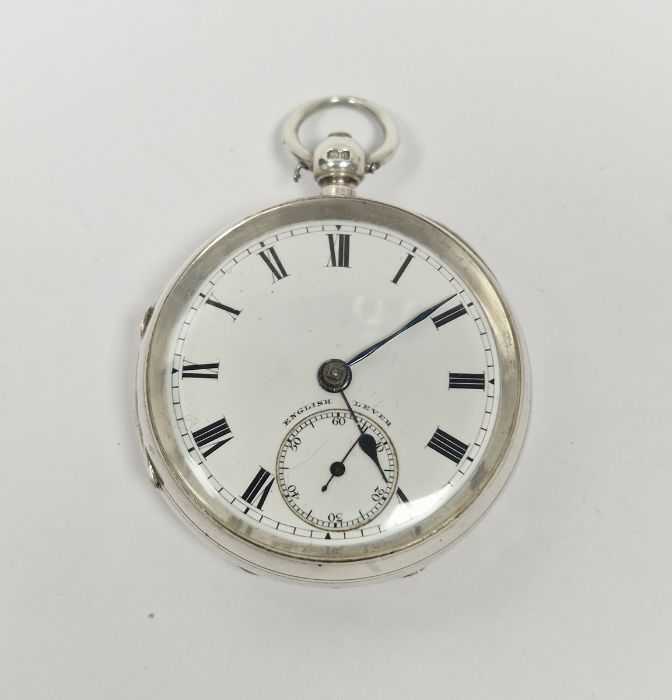 Gent's silver open-faced pocket watch with Roman numerals and subsidiary seconds dial, in engine-