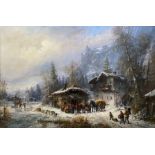 Janez Kenzer (1930)  Oil on canvas Continental winter mountain scene with chalets, figures,