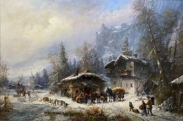 Janez Kenzer (1930)  Oil on canvas Continental winter mountain scene with chalets, figures,
