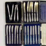 Three sets of silver handled tea knives, one Walker and Hall cased and a case set of antique