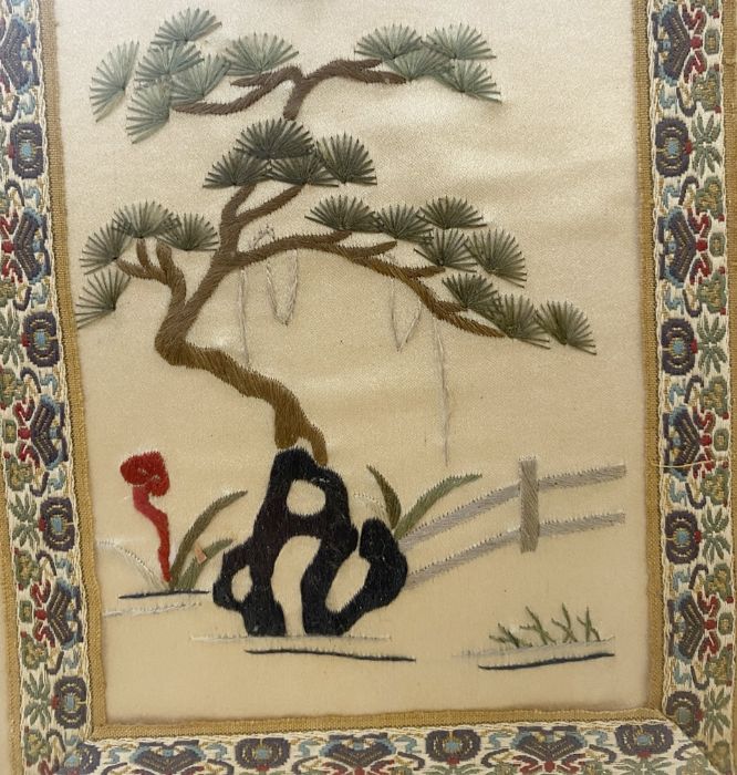 Chinese embroidered silk panel with female figure and lakeside pavilion, 59cm x 23cm - Image 3 of 4