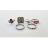 9ct gold and silver square ring set with white paste stones, a gold-coloured metal ring set with