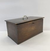 Antique mahogany box, brass drop handle to top, lock with key. 40.5 w x 24d. x 19 h.