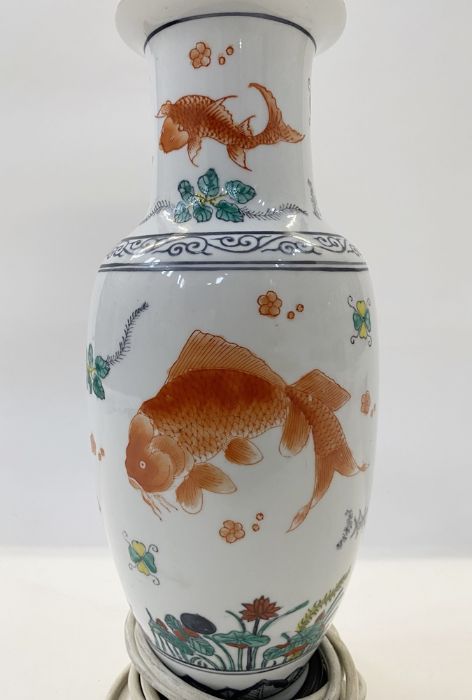 Chinese porcelain vase table lamp of slender ovoid form and painted with cart, in iron red amongst - Image 6 of 8