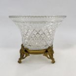 Antique cut glass bowl on gilt ormolu stand, the circular bowl with serrated edge, cross lozenge cut