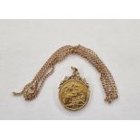 Edwardian gold sovereign in scroll pendant mount, 1904, with gold-coloured metal curb-link chain