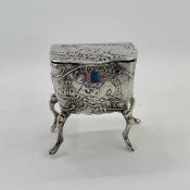 Continental silver miniature commode trinket box decorated with chinoiserie scene, foreign import