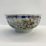18th century Chinese-style porcelain punchbowl, the exterior painted with bamboo framed panels of