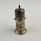 Victorian silver sugar caster, cylindrical with circular base, London 1886, maker JWCW(?), 16cm
