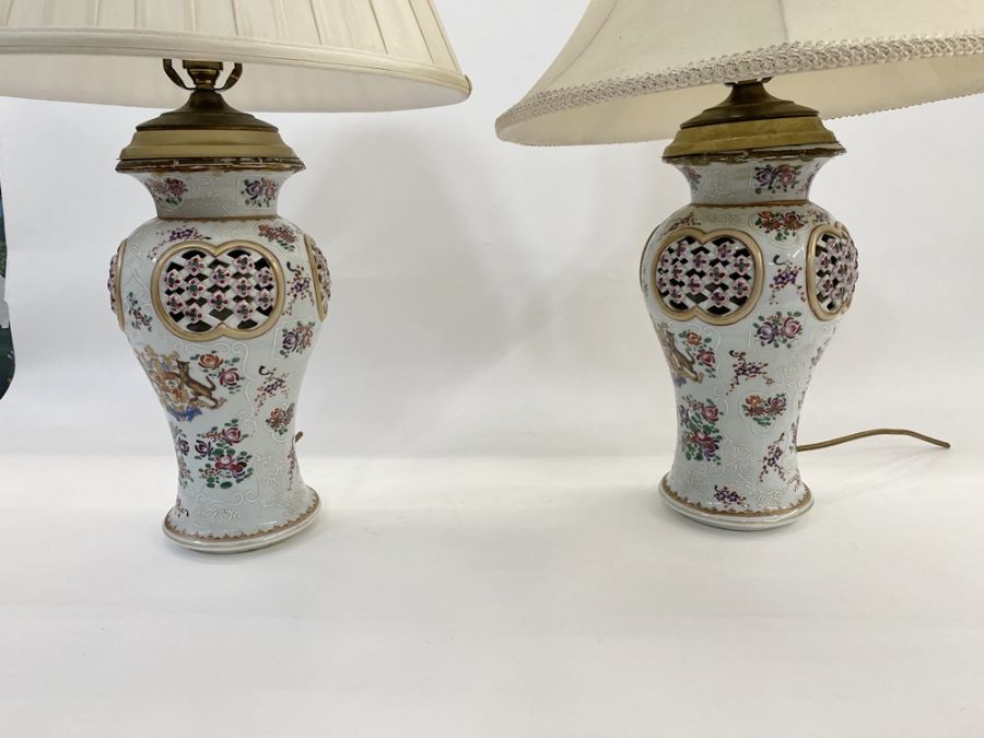 Pair Samson porcelain pseudo Chinese vases fitted as table lamps, each inverse baluster and having - Image 4 of 20