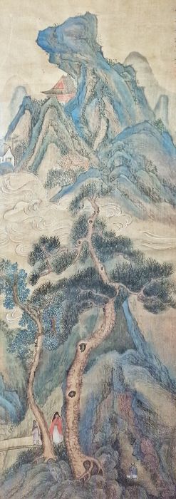 Chinese watercolour of mountainous landscape with pine trees and figures, 67cm x 24cm Condition