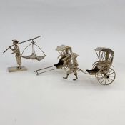 Collection of Oriental silver coloured metal miniatures, some with marks, fisherman carrying large