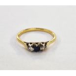 18ct gold, diamond and sapphire three-stone ring set central sapphire and two small diamonds, claw