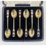 Set of six silver-gilt and enamel teaspoons, blue and yellow enamel to handle, Birmingham 1954,