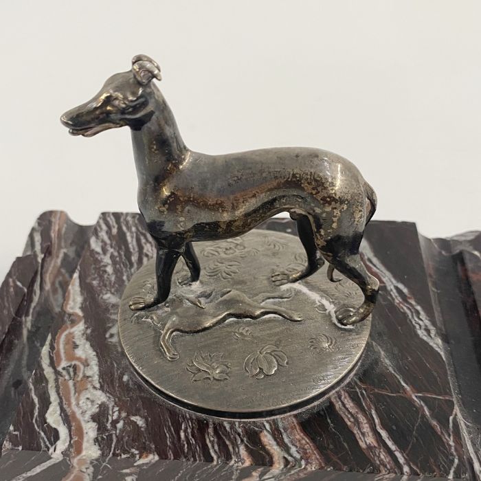 Silver model of a greyhound with hare underfoot, on circular engraved base, mounted on a rectangular - Image 2 of 2