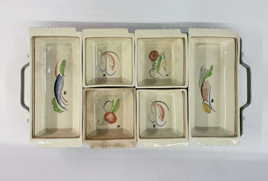 Susie Cooper hors d'oeuvres dishes, held within a metal and bakelite tray, comprising six dishes ( - Image 2 of 7