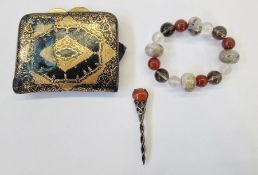 Celtic white metal and cornelian brooch, agate and hardstone polished bracelet and a purse (3)