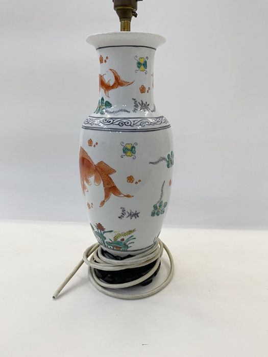 Chinese porcelain vase table lamp of slender ovoid form and painted with cart, in iron red amongst - Image 3 of 8