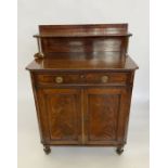 Mahogany secretaire /chiffonier, having raised shelf with panel back on brass supports, secretaire