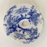 19th Staffordshire blue and white transfer printed pottery funnel, decorated building and figures in