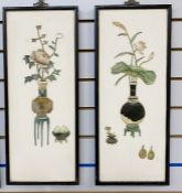 Pair Asian hardstone pictures of vases of flowers on stands, pomegranates and other fruit, all on