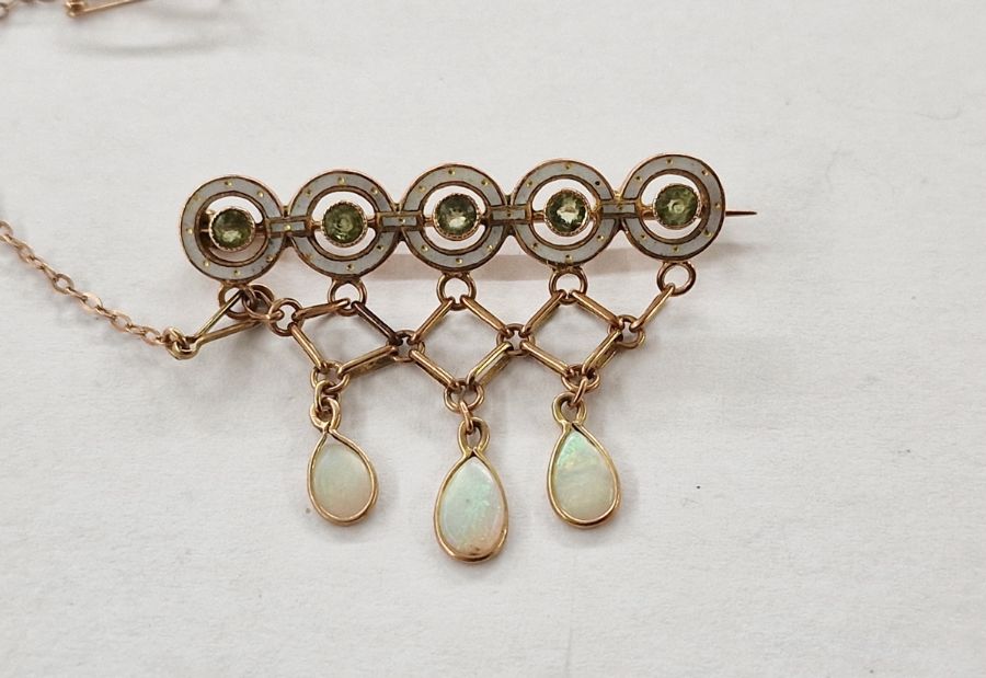 Arts & Crafts 9ct gold, opal, peridot and enamel bar brooch by Barnet Henry Joseph & Co., set five