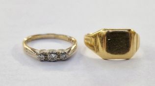 Gold signet ring, 7g approx. and a 9ct gold three-stone dress ring set with white stones (2)