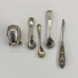Silver-coloured metal egg-shaped salt on bun feet, no. 41, three silver salt spoons and a silver-