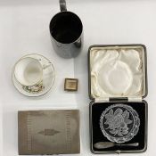 EPNS cigarette box, EPNS tankard, cut glass butter dish with silver butter knife, cased, Harleigh