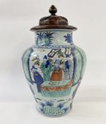 Antique Chinese famille verte porcelain inverse baluster vase painted with a ceremony, in blue,