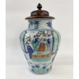 Antique Chinese famille verte porcelain inverse baluster vase painted with a ceremony, in blue,