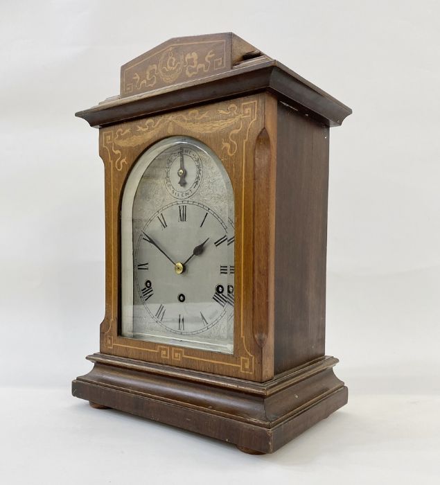 German inlaid mahogany Westminster chiming mantel clock having stepped pediment, engraved steel