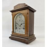 German inlaid mahogany Westminster chiming mantel clock having stepped pediment, engraved steel