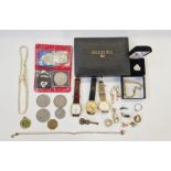 Quantity costume jewellery, watches, coins and other items (1 tray)