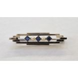 9ct white gold, sapphire and pearl Art Deco-style brooch, angular, having three square sapphires and