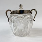 Early 20th century silver two-handled lidded cut glass jar, London 1901, maker John Grinsell & Sons,