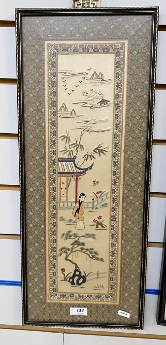 Chinese embroidered silk panel with female figure and lakeside pavilion, 59cm x 23cm