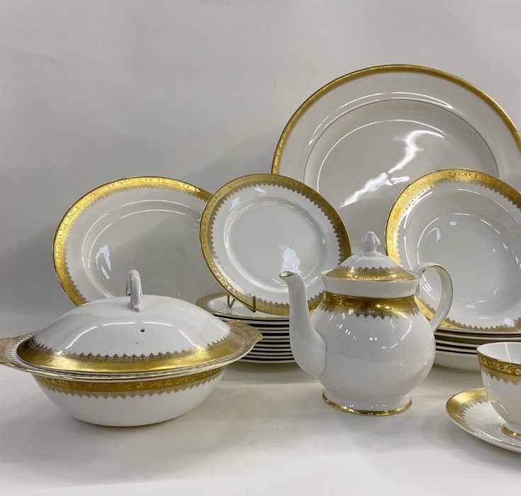 Royal Grafton 'Regal' pattern, part dinner service, gilt borders viz:- 12 dinner plates, 12 side - Image 2 of 7