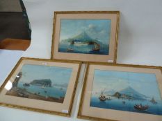 19th Italian School Gouache Three scenes of the Bay of Naples, with shipping and figures each 28cm x