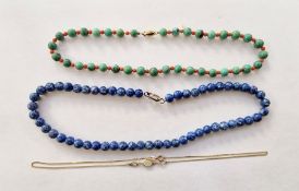 9ct gold and opal set necklace, a turquoise and coral beaded necklace with 9ct gold clasp and a blue