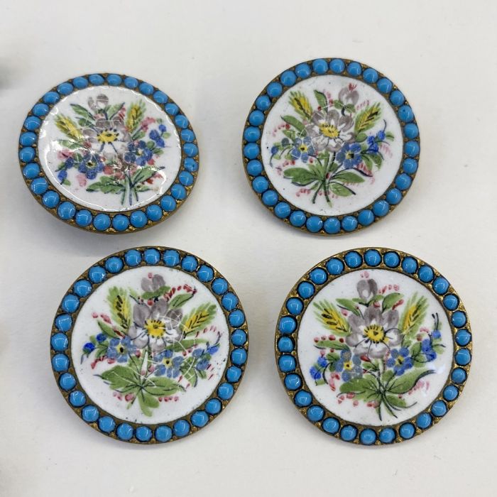 Four late 19th century French enamel and painted buttons with turquoise border, cloisonne circular - Image 2 of 2