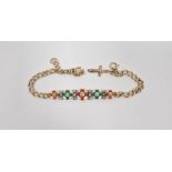 9ct gold, diamond and enamel bracelet with five enamel flowerhead roundels, each centred by a