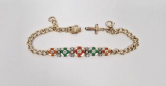9ct gold, diamond and enamel bracelet with five enamel flowerhead roundels, each centred by a