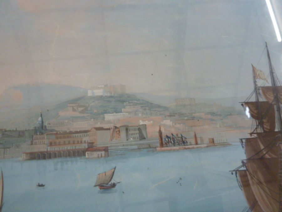 19th century Italian School Gouache Shipping scene of the Bay of Naples - with steam boat, fishing