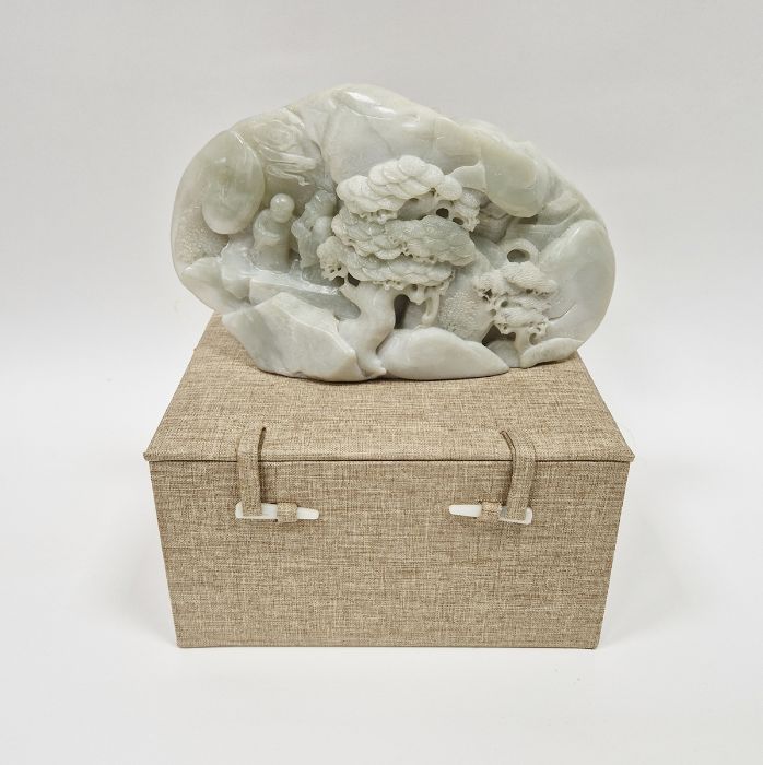 Chinese late 19th/early 20th century carved pale jade boulder with figures in landscape, pine tree - Image 4 of 4