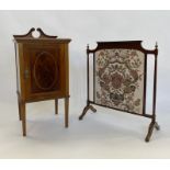 Edwardian inlaid mahogany pot cupboard having double swan neck pediment, framed panel door, all with