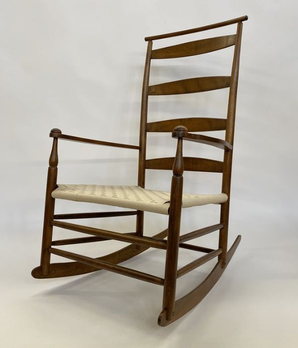 Shaker-style stained wood curved ladderback rocking open armchair with woven plaited seat, turned - Image 3 of 4