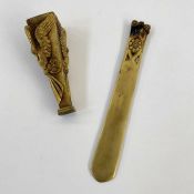 1920's/30's gilt bronze seal and paper knife set, the seal with swan decoration, the paper knife